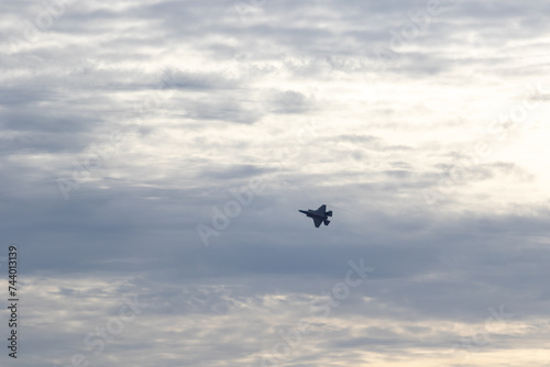 RAF Lakenheath, Brandon, Suffolk, UK February 15th 2024 F35 Lightning flying over RAF Lakenheath during sunset 