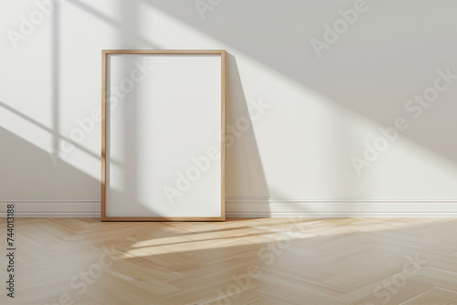 Frame floor mockup blank poster. Wooden wall frame mock up empty print background. Wood picture frame in room. 3d gallery design realistic modern interior