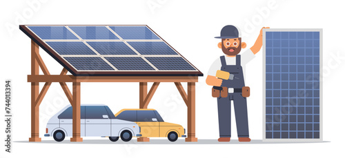 Solar panel installation specialist. Eco vehicle shelter. Flat vector illustration