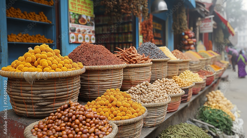 Stalls laden with mounds of brightly colored spices