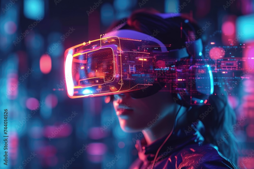 A young woman wearing a VR headset is surrounded by vibrant digital particles, indicating a deep immersion into virtual reality. A young woman wearing a VR headset is surrounded by vibrant digital particles, indicating a deep immersion into virtual reality.