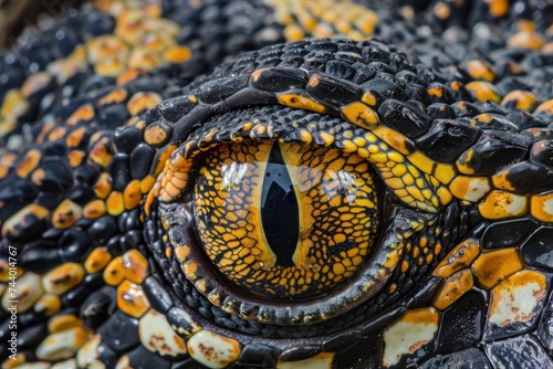 Macro photography. The eye of an iguana, the gaze of a black and yellow lizard.  Close-up.