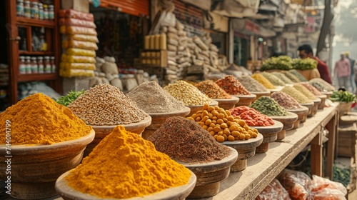 Stalls laden with mounds of brightly colored spices