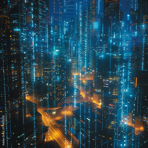 A futuristic cityscape formed by illuminated data streams, with buildings resembling network devices pulsating in high-performance
