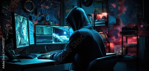 a hacker in a dark environment in front of a computer in a hood, highlighting cyber security issues in the digital sphere, image made with generative ai technology.