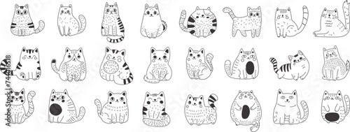 Large set of cats in linear style. Cute funny fluffy cats. Ideal for those who appreciate the cute and whimsical side of feline charm. Vector illustration on a white background.