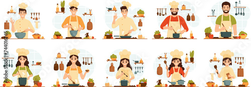 Collection of various male and female chefs who prepare food. Smiling people cooking in the kitchen at the stove. A guy and a girl are in the process of preparing hot dishes. Vector flat illustration