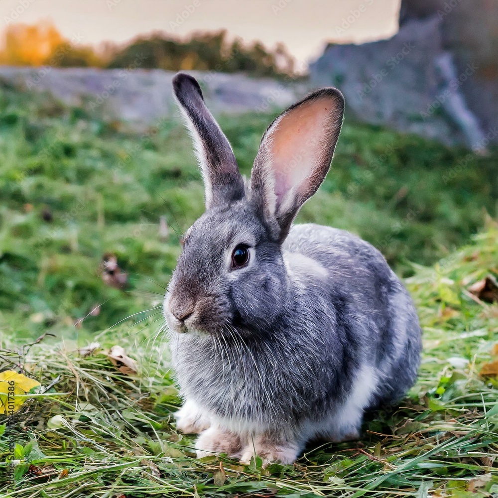 Fototapeta premium Adorable Grey Bunny in the Garden”