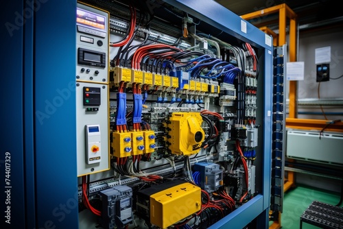 In-depth Look at a Switchgear Unit Amidst a Maze of Electrical Machinery and Pipes