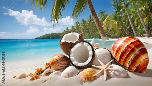A stunning display of shells in various shapes and sizes, washed up on the shore of a tropical beach, with a towering coconut palm providing shade and beauty.