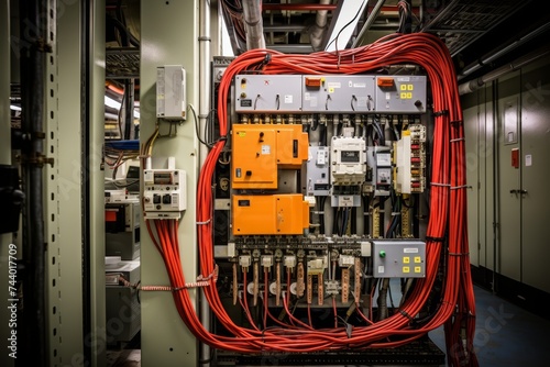 An Intricate View of a Ground Fault Interrupter Amidst the Complex Wiring and Machinery in an Industrial Environment