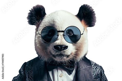 A panda wearing a bow tie and a monocle isolated on a transparent background, PNG format. This PNG file, with an isolated cutout object on a transparent background. © Adnan Haider