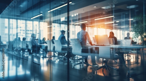 Blurred office with people working behind glass wall