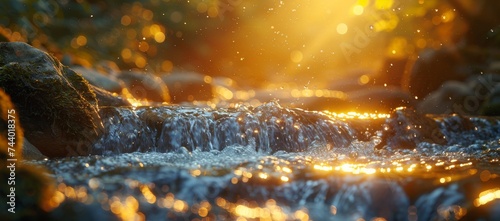Nature's fiery embrace, as the sun's heat illuminates the cascading water over rugged rocks in the great outdoors