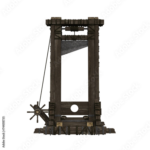 Medieval guillotine with wooden frame, an ancient execution machine for capital punishment. Isolated 3D render. photo