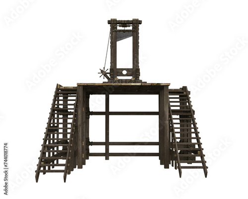 Medieval wooden platform with guillotine for capital punishment executions. Isolated 3D rendered illustration. photo