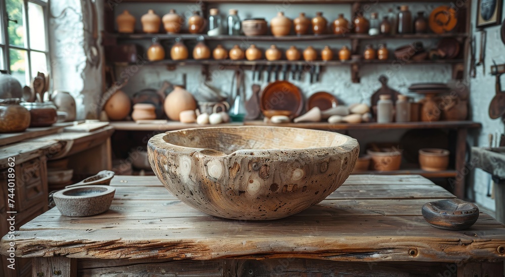 A rustic wooden bowl sits atop a table, its earthy ceramic design adding warmth and character to the indoor space surrounded by pottery and vases on the wall and shelf