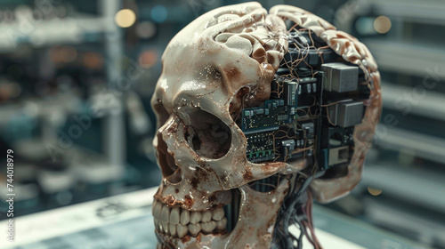 Cybernetic Skull with Integrated Circuitry on Display - A Vision of Futuristic Biological and Technological Fusion