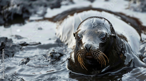 Marine Tragedy: Seal Coated in Fuel Oil Struggling on Polluted Shoreline © romanets_v