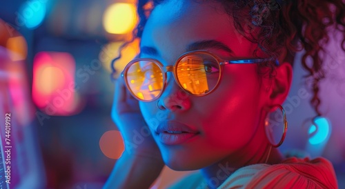 A vibrant woman adorned in yellow sunglasses stands out against the darkness of the night, her human face radiating with the light of self-assurance and confidence photo