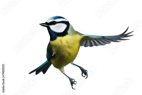 a high quality stock photograph of a single jumping happy blue tit isolated on a white background