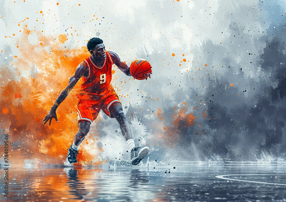 Obraz premium A basketball player in mid-dribble, dynamically captured in watercolor splashes of orange and gray, conveying energy and motion on a reflective court surface.Sport concept.AI generated.