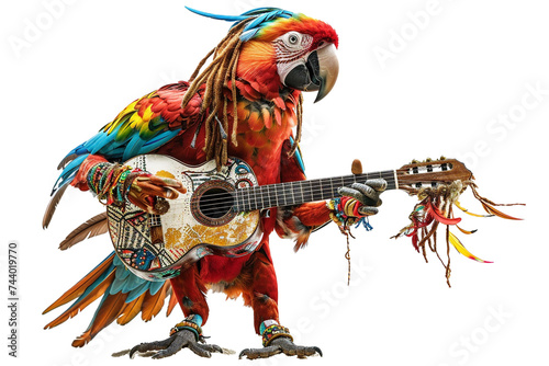 A reggae-loving parrot with colorful dreadlocks and a guitar, ready to jam and spread musical vibes on a transparent background © Adnan Haider