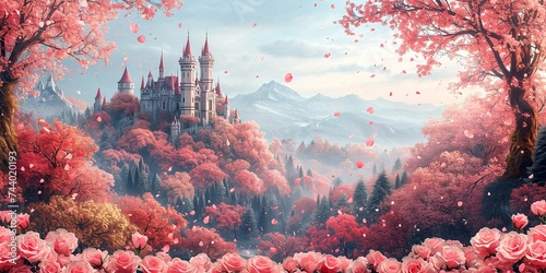 Pink roses, various flowers, leaves, and buttons decorate the pink princess palace in a watercolor fantasy
