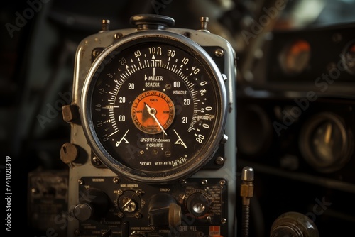 Detailed shot of a vertical speed indicator amidst the complex machinery of an aircraft's control system photo