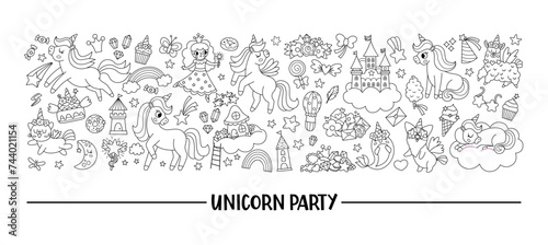 Vector horizontal black and white set for unicorn party. Fairytale line card template design for banners  invitations  postcards. Cute magic fantasy world illustration or coloring page.