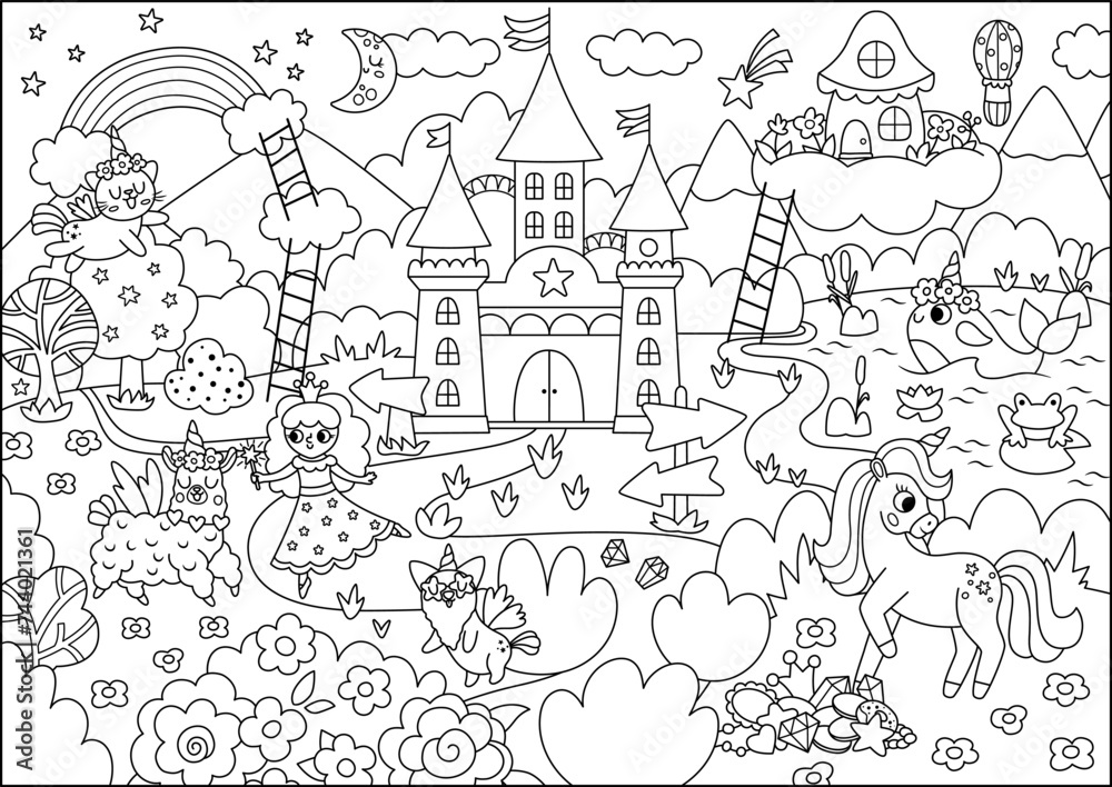 Fototapeta premium Vector black and white unicorn themed landscape illustration. Fairytale line scene with castle, rainbow. Magic nature background with fairy, animals. Fantasy world coloring page for kids.