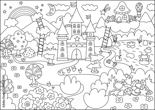 Vector black and white unicorn themed landscape illustration. Fairytale line scene with castle, rainbow, forest, treasures, garden. Magic nature background. Fantasy world coloring page for kids.