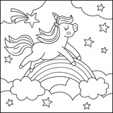 Vector black and white square background with unicorn running above the rainbow under night sky. Magic world line scene. Fairytale landscape coloring page. Cute horse illustration for kids .