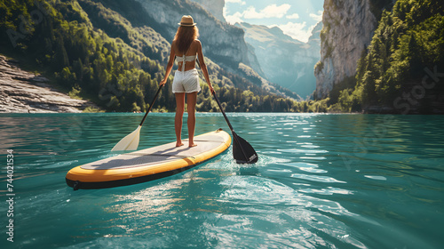 Woman Paddleboarding on a Serene Mountain Lake © slonme