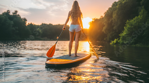 Sunset Paddleboarding on a Serene Lake © slonme
