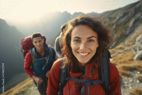 A woman with a backpack hiking on a mountain. Suitable for outdoor and adventure concepts