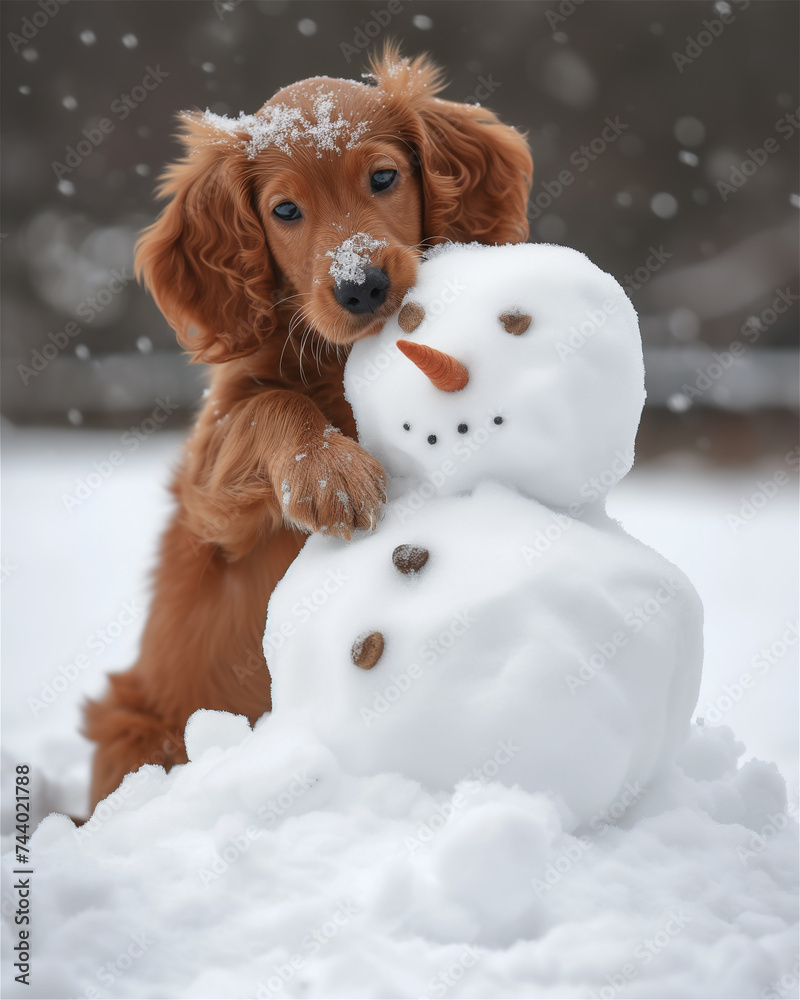 Red spaniel puppy making a snowman in winter snowy park