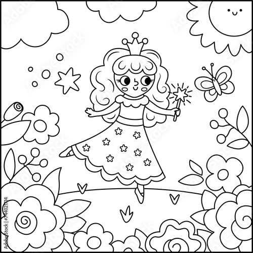 Vector black and white square background with fairy princess with flowers. Magic or fantasy world line scene. Fairytale landscape or coloring page. Cute sunny day illustration for kids .
