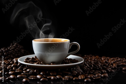 A cup of coffee surrounded by coffee beans  perfect for coffee lovers