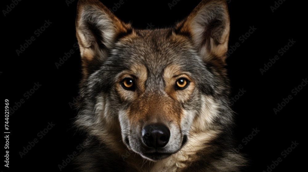 A close up of a wolf's face on a black background. Suitable for wildlife or nature themes