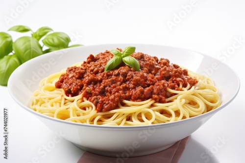 A bowl of spaghetti with sauce and fresh basil leaves. Great for food and Italian cuisine concepts