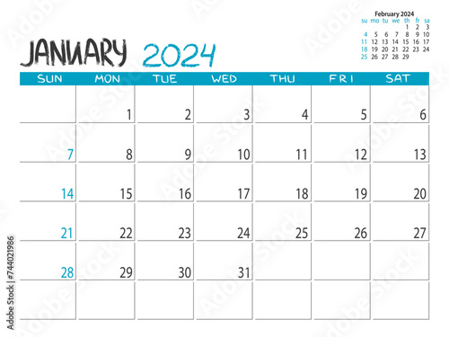 Calendar 2024 year. January 2024 planner. Daily planner. January. Desctop calendar design. 2024 month planner. Life or business planning. Place for notes. Printable template.