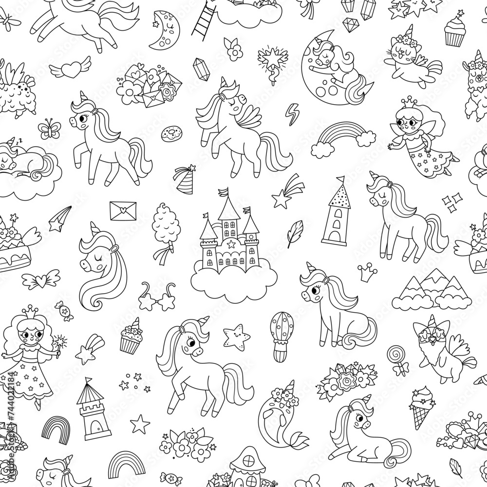 Vector black and white unicorns seamless pattern. Repeat background with fairytale characters, animals with horn, rainbow, falling star, crystal. Fantasy world digital paper with castle, princess Vector black and white unicorns seamless pattern. Repeat background with fairytale characters, animals with horn, rainbow, falling star, crystal. Fantasy world digital paper with castle, princess