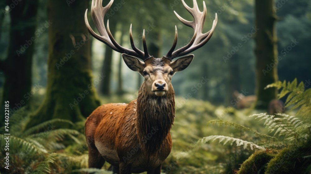 Fototapeta premium A deer standing peacefully in a forest. Suitable for nature and wildlife themes