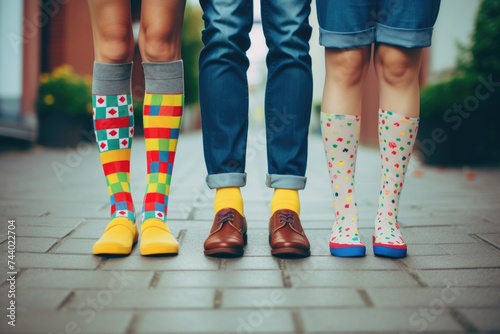 A diverse group of people standing together in colorful socks. Perfect for fashion or diversity concepts photo