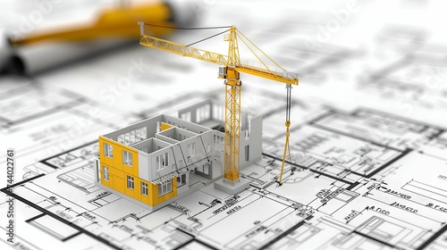 3d illustration of a construction site with a crane and a house
