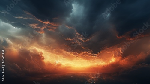 dramatic huge clouds of thunderstorm on sky with sunset