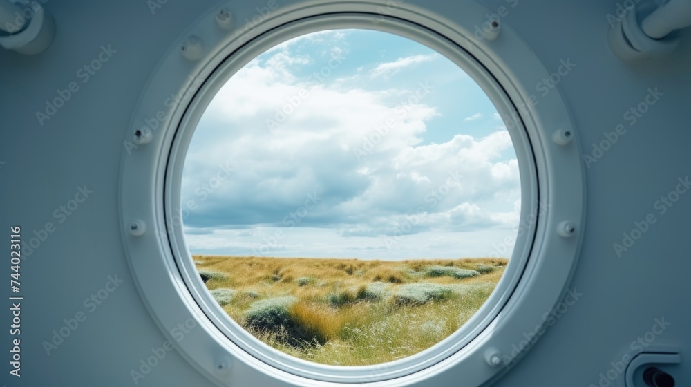 A unique perspective of a field through a porthole window. Suitable for travel or nature themes