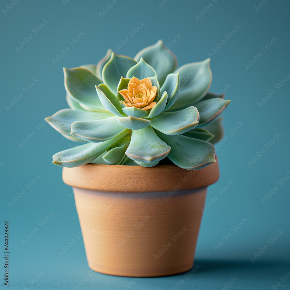 Succulent plant in a clay pot on cool green pastel background