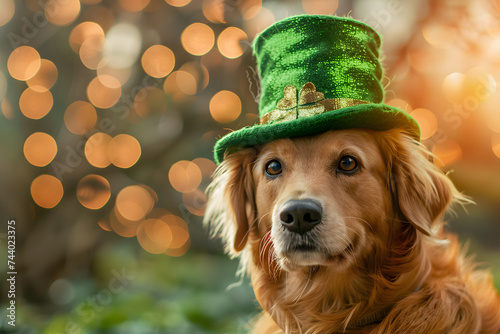 Cute dog wearing a leprechaun hat. Saint Patrick's Day on background.